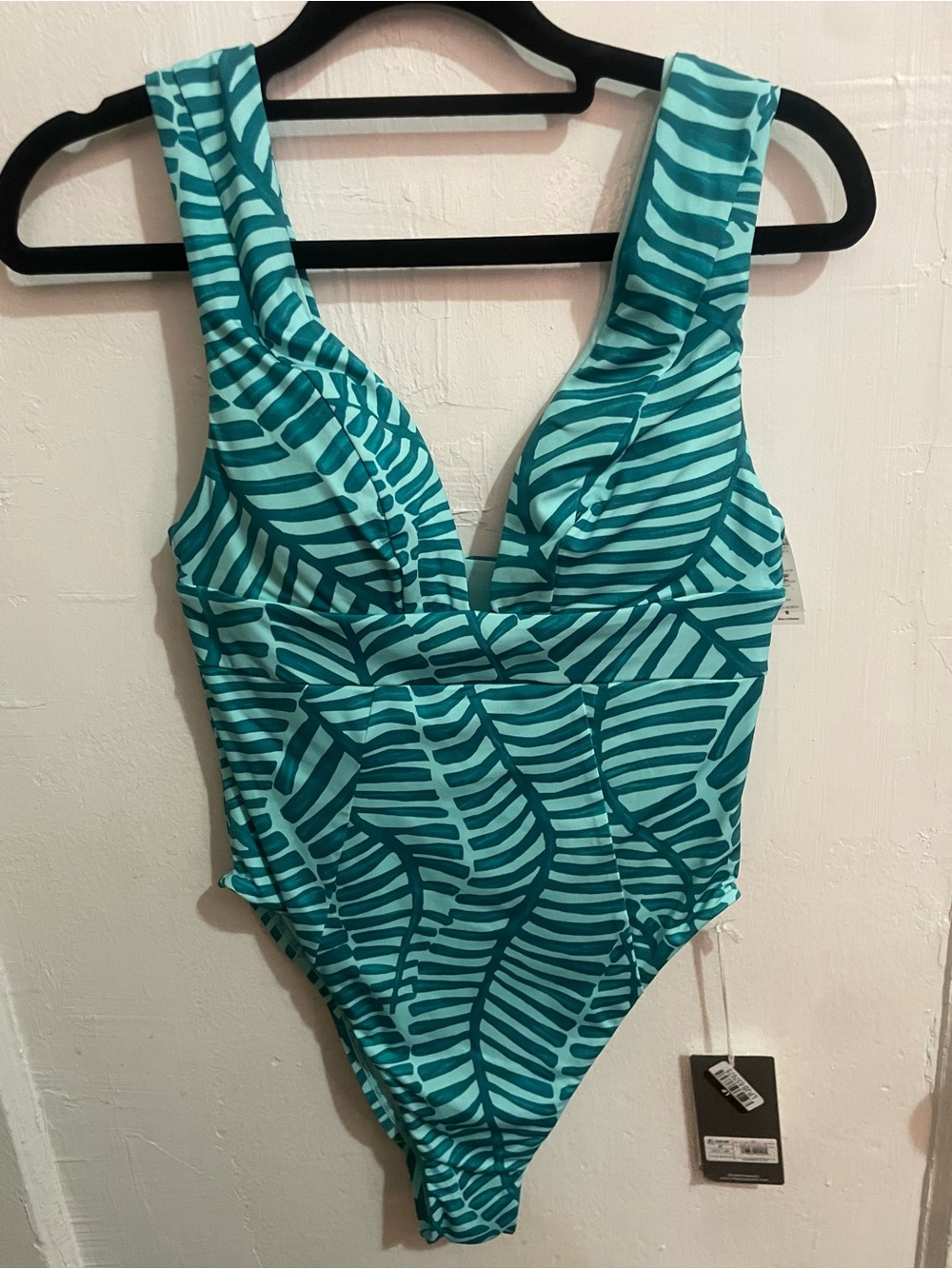 Women One-Piece Swimsuit - Teal Leaf Print